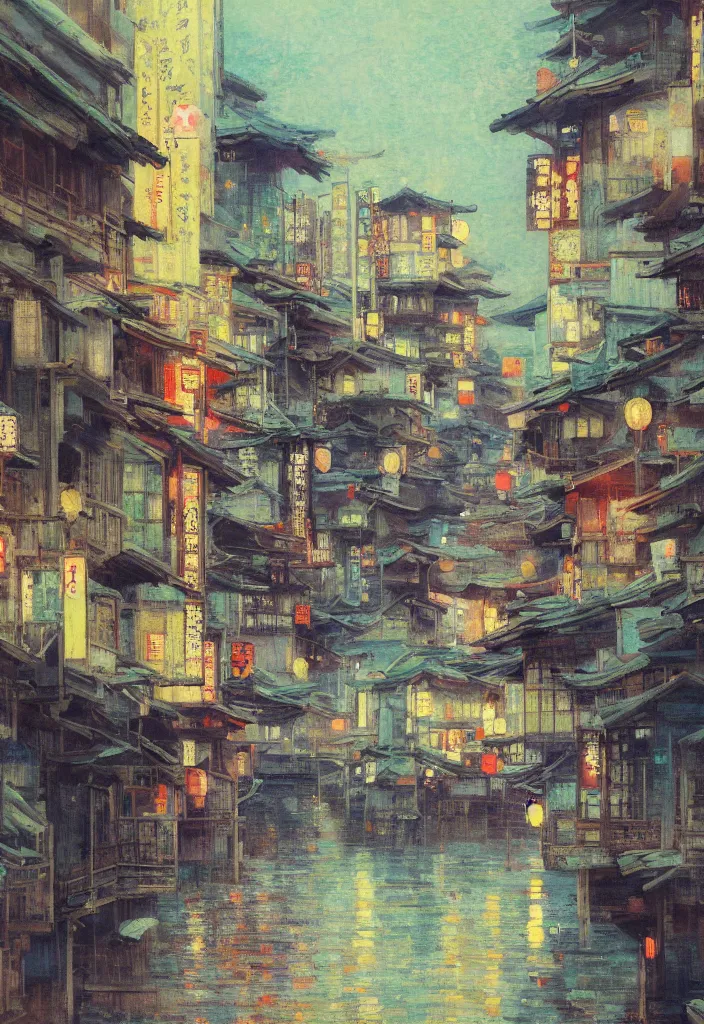 Image similar to a beautiful japanese city near the sea, ryokans and edo era houses, cyberpunk, lofi vibe, colorful, oil painting in impressionist style, by jeremy lipkin, john berkey, claude monet, dino valls, by makoto shinkai, multiple brush strokes, inspired by ghibli, masterpiece