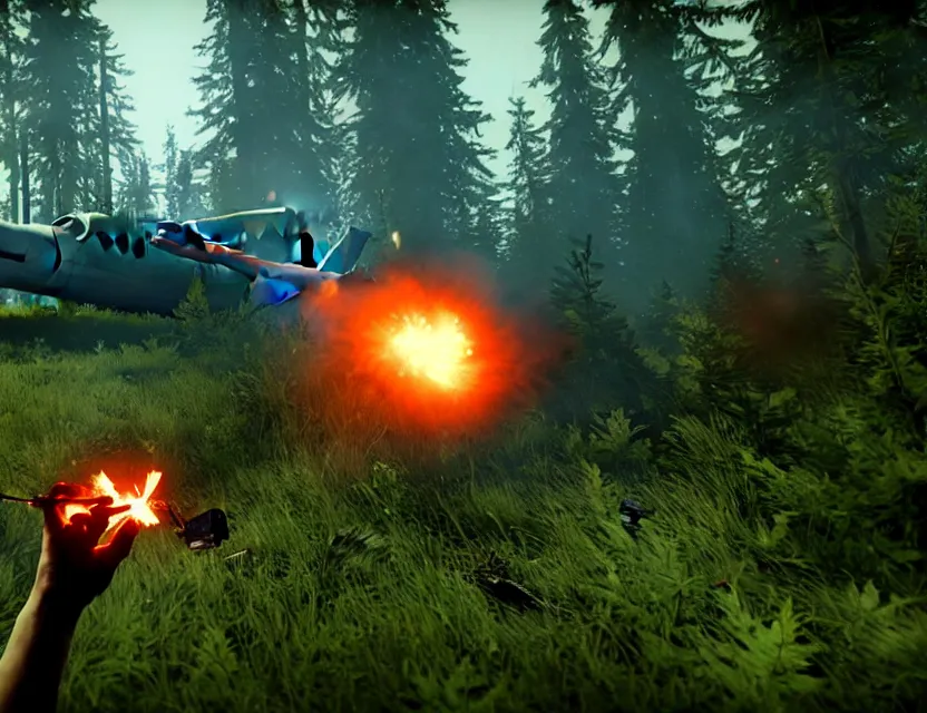 Prompt: a the forest game screenshot with a crashed plane, player is holding a lighter. ultra realistic