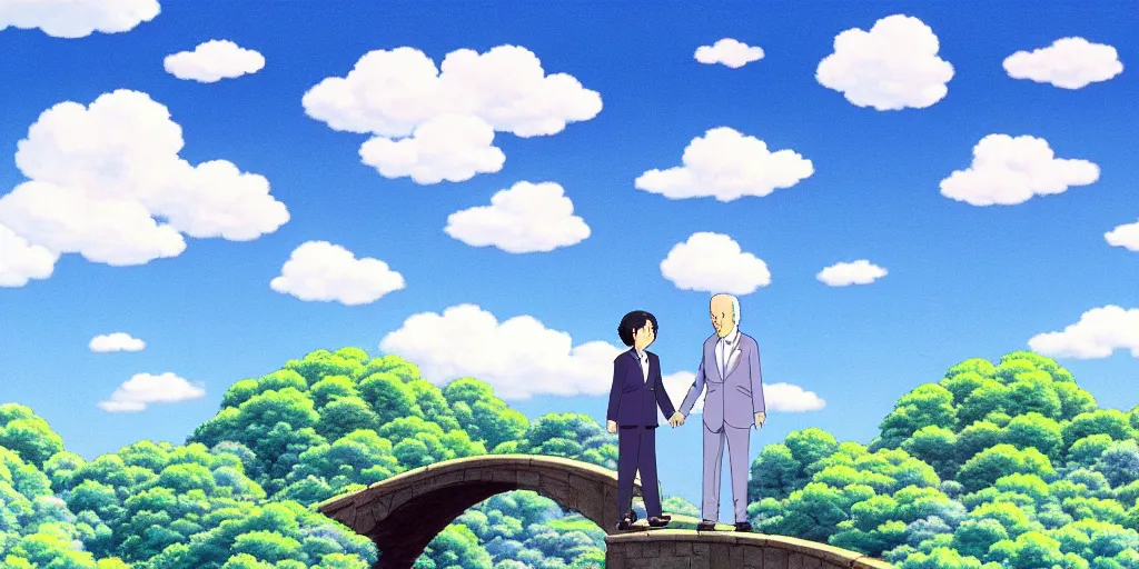 Prompt: joe biden studio ghibli beautiful sky happiness