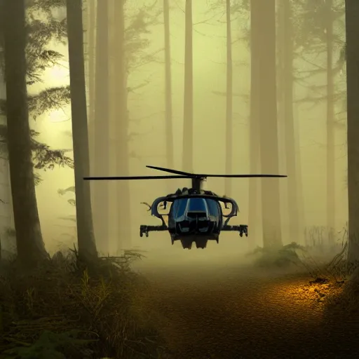 Prompt: anonymous fleeing through the forest from black helicopters with searchlights, atmospheric, volumetric lighting, 8k trending on artstation