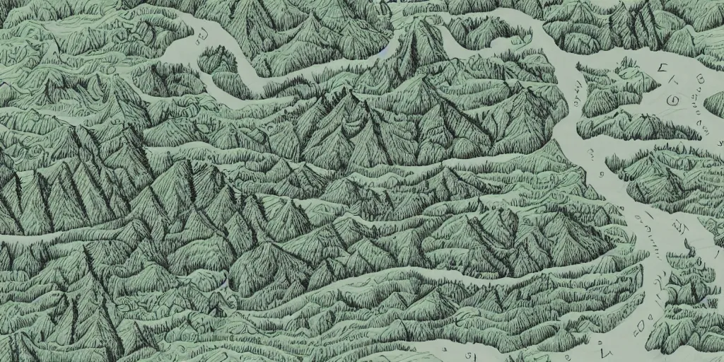 Prompt: A detailed hand drawn map of the forest with mountains and rivers
