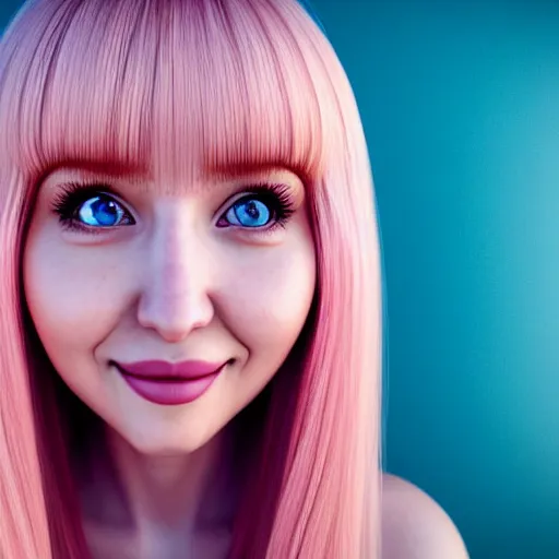 Prompt: beautiful hyperrealism selfie of nikki from shining nikki, a cute 3 d young woman smiling sofly, long light pink hair and full bangs, flushed face, small heart - shaped face, amber eyes, golden hour, 8 k, instagram