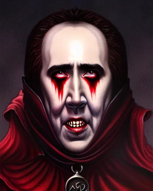 Image similar to nicolas cage as dracula, blood moon, highly detailed, centered, artstation, concept art, smooth, sharp focus, illustration, bokeh art by artgerm and donato giancola and joseph christian leyendecker