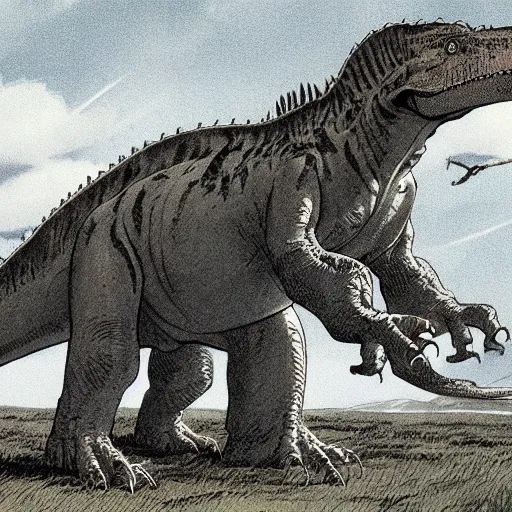 Image similar to tyrannosaurus rex standing in a prehistoric savannah, concept art by frank miller