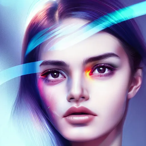Image similar to half - electric striking woman, complex and hyperdetailed technical, rays and dispersion of light, noise film photo, cute - fine - face, pretty face, oil slick hair, realistic shaded perfect face, extremely fine details, realistic shaded lighting, dynamic background, artgerm, 8 k ultra realistic, highly detailed, kan liu