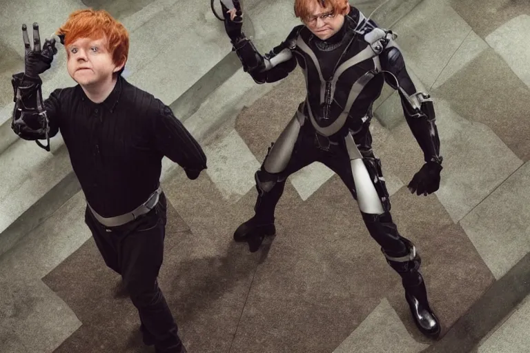 Prompt: Rupert Grint as Doctor Octopus, Long metal clawed arms from his back, intimidating stance