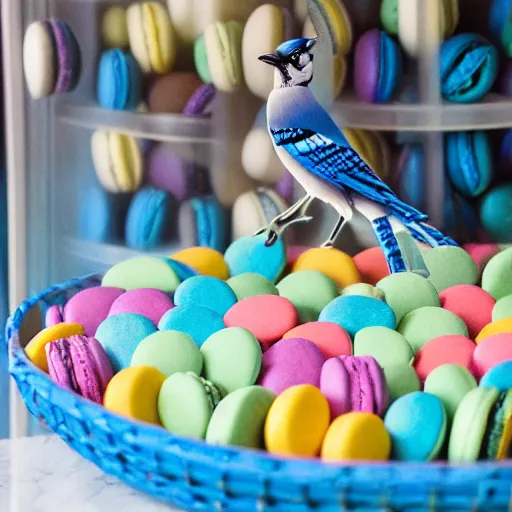 Image similar to A blue jay standing on a large basket of rainbow macarons.