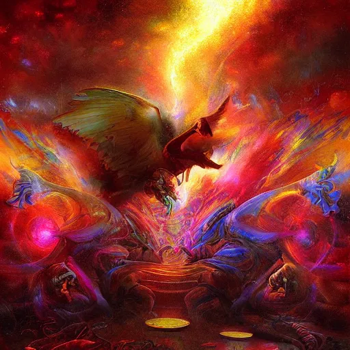 Image similar to dmt trip interdimensional beings breaking through the illusion by raymond swanland, highly detailed, bright tones