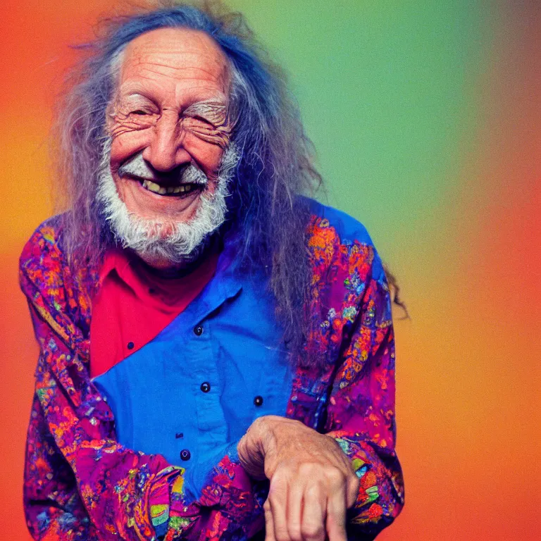 Prompt: colorful portrait photograph of a smiling aging hippy wearing a shirt that is quantum singularity, intense color photograph by william eggleston, shocking detail realism cosmic trending on artstation 8 k