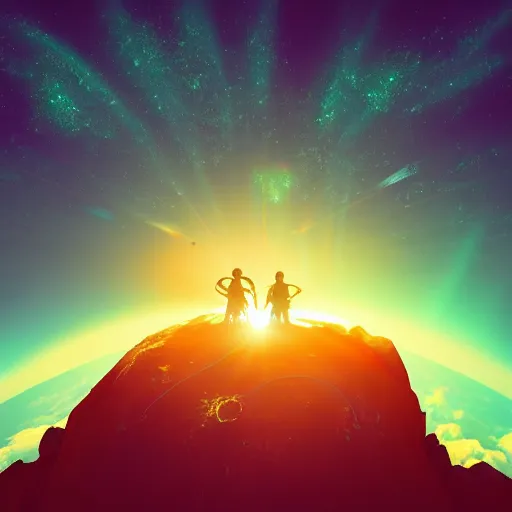 Image similar to Two aliens engaged in battle on a mountaintop, in front of a giant sunset with two suns, cool neon colors, cell shaded