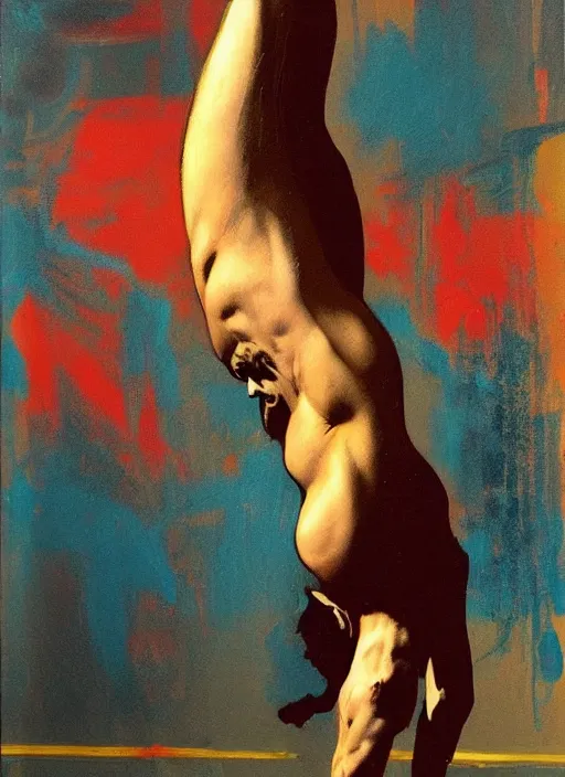 Image similar to pauly shore handstand, painting by phil hale, fransico goya,'action lines '!!!, graphic style, visible brushstrokes, motion blur, blurry, visible paint texture, crisp hd image