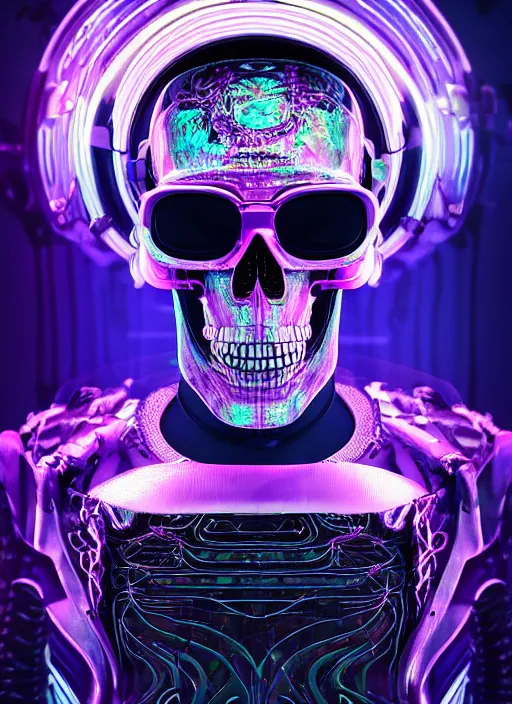 Prompt: a futuristic skull wearing sunglasses with glowing eyes and a purple background, cyberpunk art by android jones, behance contest winner, computer art, darksynth, synthwave, rendered in cinema 4 d