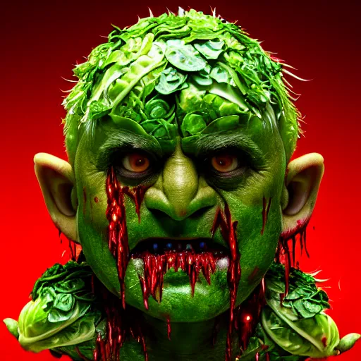 Prompt: a face made of brussels sprouts, horror, terrifying, demon, blood, pointy ears, 8 k, trending on artstation, 8 0 mm photography, hyperrealistic