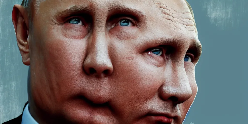 Image similar to putin in the style of a cover made by waya steurbaut, high resolution film render 100k, photo realistic