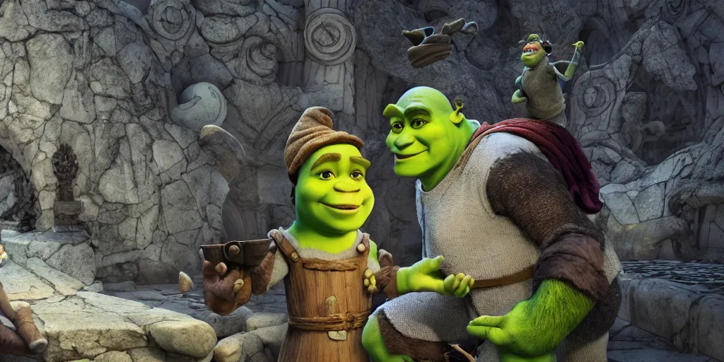 Prompt: shrek versus god, marble, realistic 4 k octane beautifully detailed render, 4 k post - processing, highly detailed, intricate complexity, epic composition, magical atmosphere, cinematic lighting, masterpiece, ultra hd