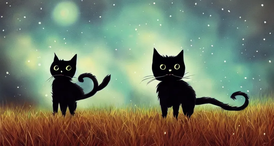 Image similar to black cat walking around in an open field at night with fireflies in the air and lots of stars in the sky, digital art, magical, trending on artstation