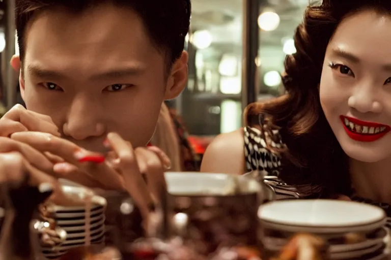 Image similar to movie interior closeup beautiful Chinese fashion model couple teams closeup joking at 50s diner, night in the city, beautiful skin, by Emmanuel Lubezki