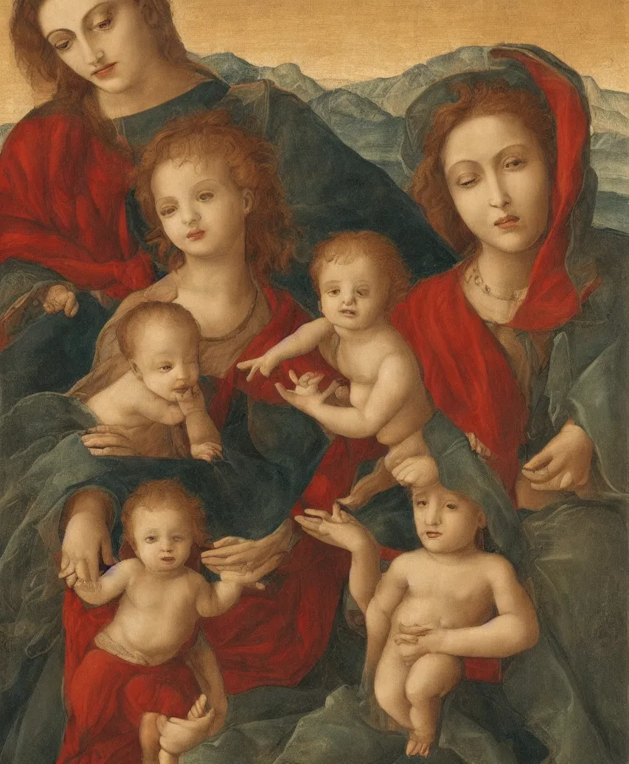 Image similar to Detailed Portrait of Madonna, with infant Jesus and another boy playin in front of her in the style of Raffael. Red hair. They are sitting in a dried out meadow near in Tuscany, red poppy in the field. On the horizon there is a blue lake with a town and blue mountains. Flat perspective.