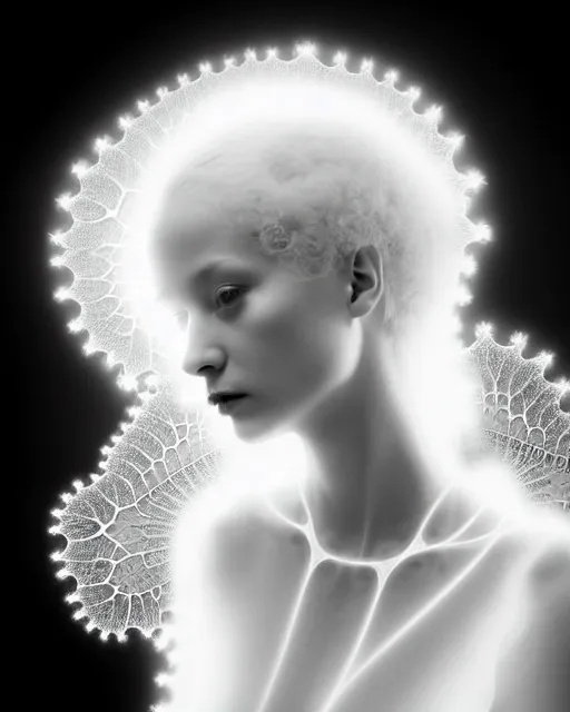 Image similar to dreamy foggy soft luminous bw art photo taken in 2 1 0 0, beautiful spiritual angelic biomechanical mandelbrot fractal albino girl cyborg with a porcelain profile face, very long neck, halo, white smoke atmosphere, rim light, big leaves and stems, fine foliage lace, alexander mcqueen, art nouveau fashion pearl embroidered collar, steampunk, elegant