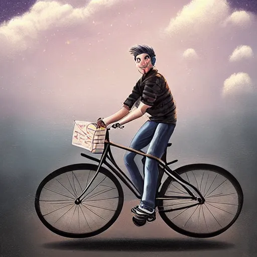 Prompt: A striking painting of a happy man flying in the sky on his bicycle in the clouds, award-winning digital art by Ross Tran