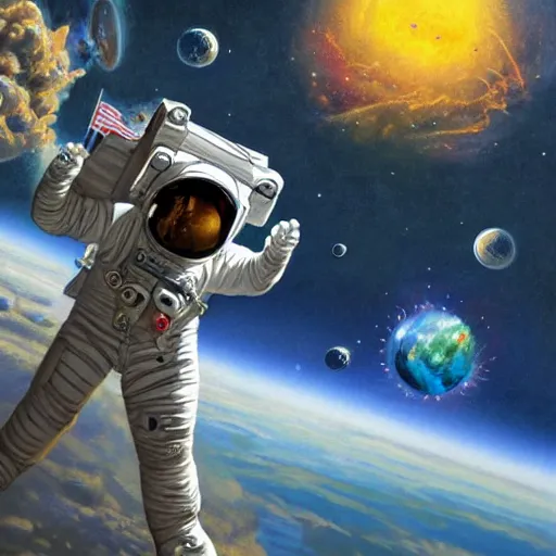 Image similar to realistic detailed view astronaut in space with flower crown by terance james bond, russell chatham, greg olsen, thomas cole, james e reynolds, photorealistic, fairytale, art nouveau, illustration, concept design, storybook layout, story board format