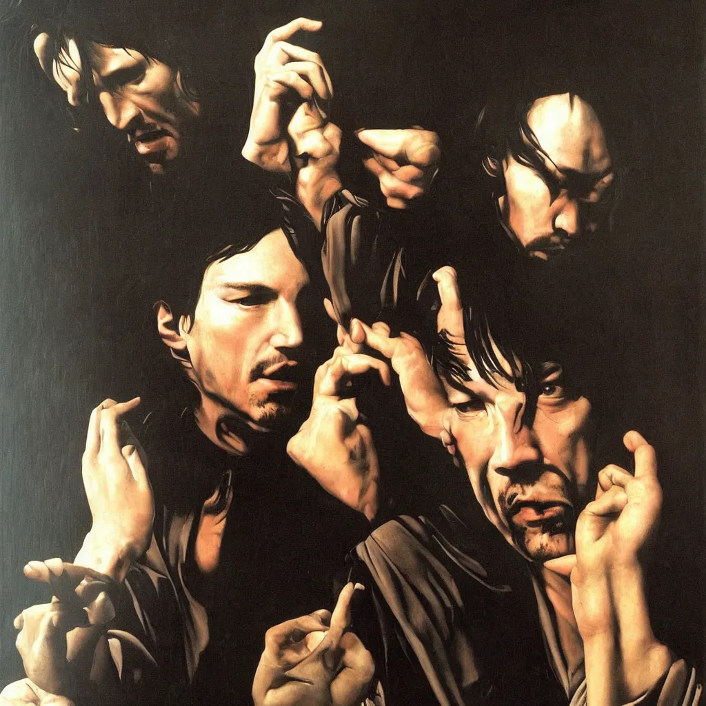 Image similar to A Caravaggio painting of Keanu Reeves in The Matrix