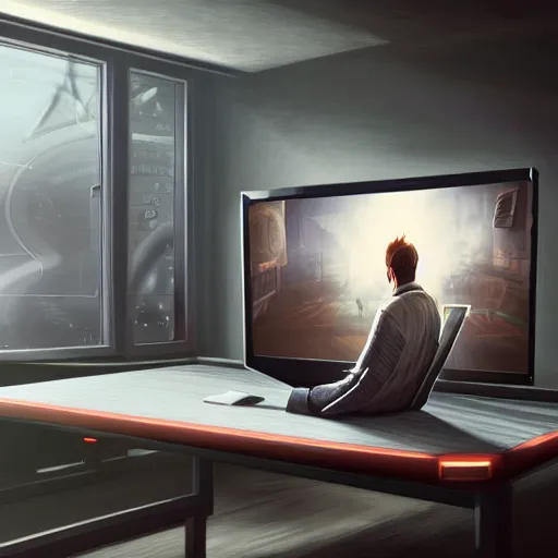Prompt: realistic successful man playing laptop in gaming room, artstation trends, future concept art, highly detailed, intricate, sharp focus, digital art, 8 k