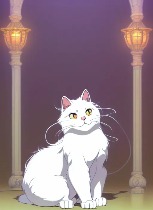 Image similar to fluffy white cat, natural lighting, path traced, highly detailed, high quality, cartoon, digital painting, by don bluth and ross tran and studio ghibli and alphonse mucha