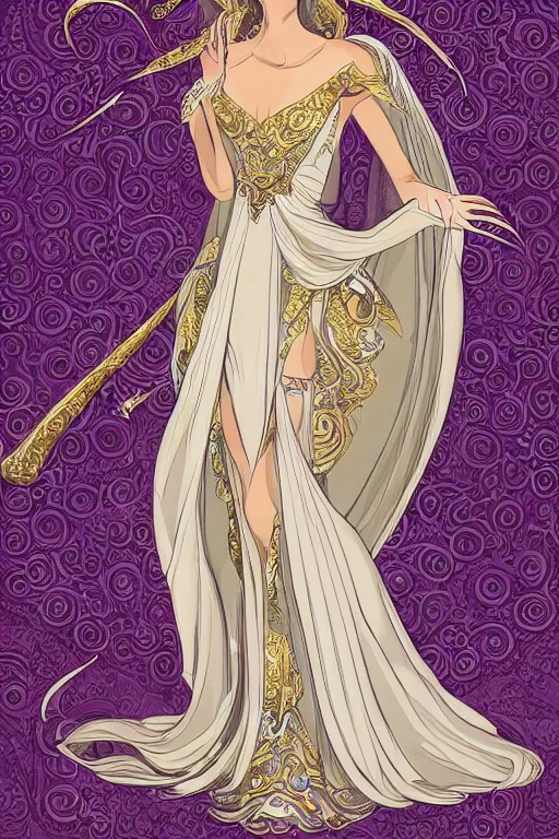 Image similar to a beautiful sorceress leaning with elegant looks, flowing robe, ornate and flowing, intricate and soft, by