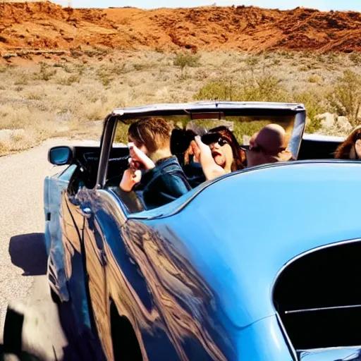 Prompt: three friends in an open convertible, roadtrip on route 66