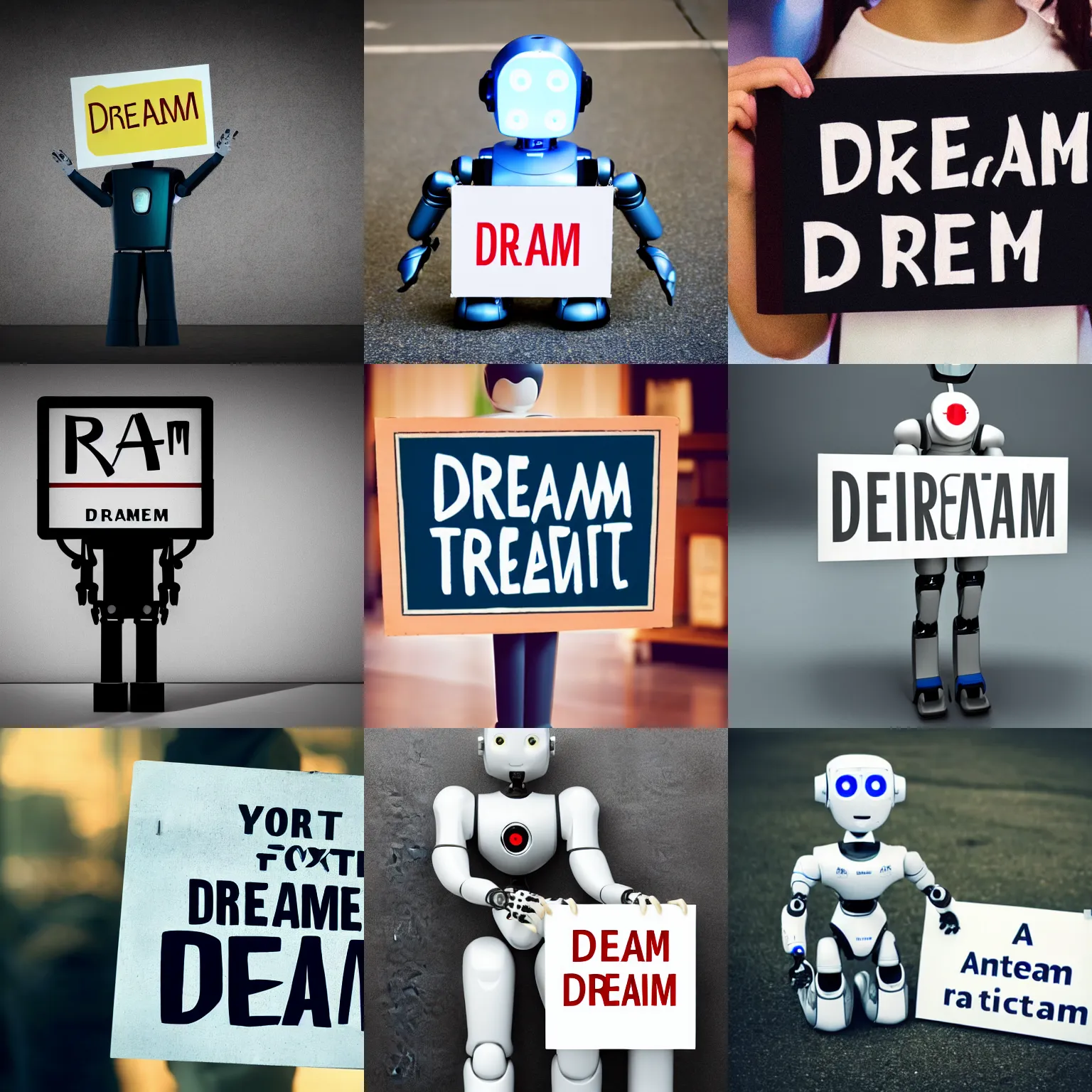 Image similar to photo of artificial intelligence robot holding a sign with text that reads : dream