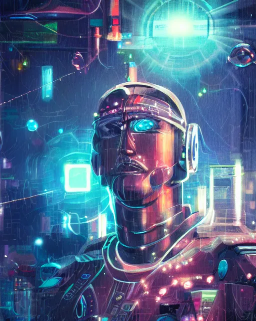 Image similar to a cyberpunk close up portrait of cyborg zeus, electricity, sparks, bokeh, soft focus, sparkling, glisten, water drops, cold, dark, geometric, temples behind, by paul lehr, jesper ejsing