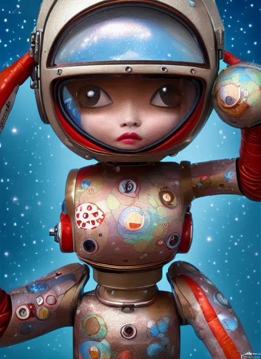 Image similar to closeup portrait of tin toy askimo spacegirl in a spaceship on mars, depth of field, zeiss lens, detailed, symmetrical, centered, fashion photoshoot, by nicoletta ceccoli, mark ryden, lostfish, breathtaking, 8 k resolution, extremely detailed, beautiful, establishing shot, artistic, hyperrealistic, octane render