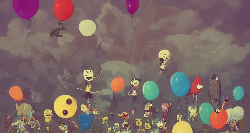 Image similar to cartoon scary children with balloons, evil, in the style of adventure time, the amazing world of gumball, pixar, toki doki, greg rutkowski and makoto shinkai, trending on artstation