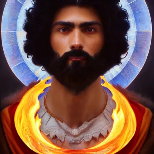 Image similar to perfectly-centered-Portrait of a black haired latino cleric druid, flame wielding, The Perfect Human male Specimen, intricate, elegant, super highly detailed, professional digital painting, artstation, concept art, smooth, sharp focus, no blur, no dof, extreme illustration, Unreal Engine 5, 8K, art by artgerm and greg rutkowski and alphonse mucha loish and WLOP