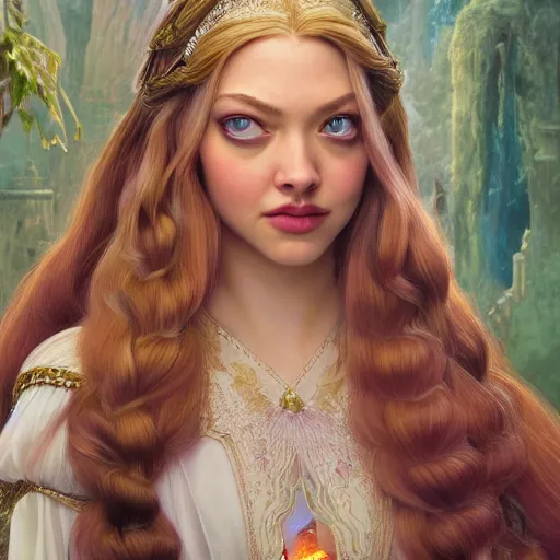 Image similar to beautiful young amanda seyfried as the rapunzel princess, closeup, d & d, fantasy, intricate, elegant, highly detailed, digital painting, artstation, concept art, matte, sharp focus, illustration, art by artgerm and greg rutkowski and alphonse mucha