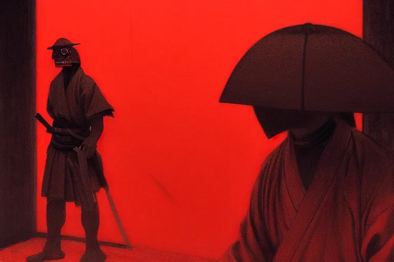 Image similar to only with red, a red samurai harakiri, tokio, a lot of frogs watch, in the style of beksinski, parts by edward hopper, parts by rodcenko, parts by yue minjun, intricate and epic composition, red by caravaggio, insanely quality, highly detailed, masterpiece, red light, artstation, 4 k