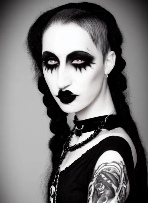 Image similar to black and white photo with a beautiful portrait of a goth girl with piercings in a collar with a mohawk hairstyle in a medieval dress. witch, true goth, makeup.