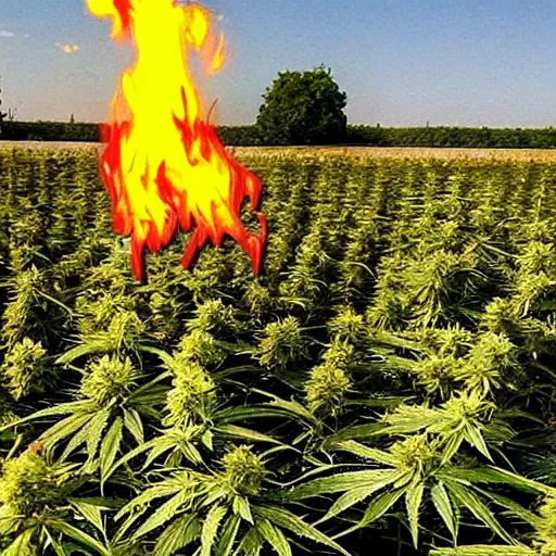 Prompt: giant huge immense infinite cannabis plant on fire