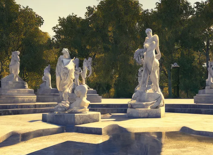 Image similar to a park with many marble statues, cinematic light, 8 k, unreal engine,