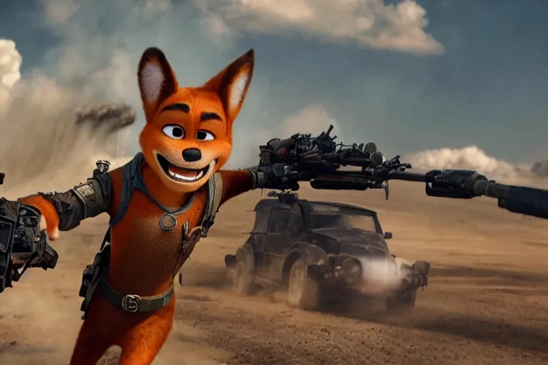 Image similar to nick wilde, heavily armed and armored facing down armageddon in a dark and gritty reboot from the makers of mad max : fury road : witness me