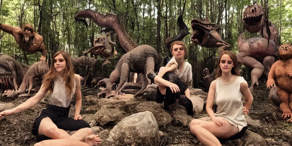 Image similar to photo, three hairy fat cave people, emma!! watson!!, looking at camera, surrounded by dinosaurs!, gigantic forest trees, sitting on rocks, bright moon, birthday cake on the ground, front view