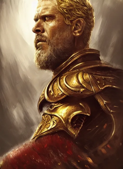 Image similar to highly detailed oil painting, masterpiece portrait warrior guard male lannister, fantasy character portrait, dynamic pose, above view, top lighting, realistic shaded, perfect face, 8 k realistic, hyper detailed, digital painting, artstation, concept art, hyper detailed eyes, cinematic lighting, dynamic pose, above view, perfect eyes