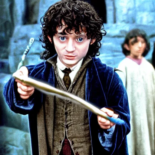 Prompt: frodo baggins buying a magic wand in harry potter movie