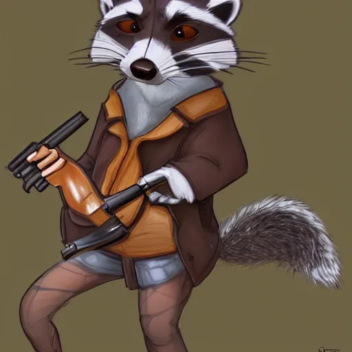 Prompt: a raccoon dressing up as a squirrel holding a gun, concept art, very detailed