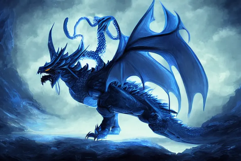 Image similar to an screaming blue and white dragon wearing armor, digital art, moonlight, blue mist, blue smoke,