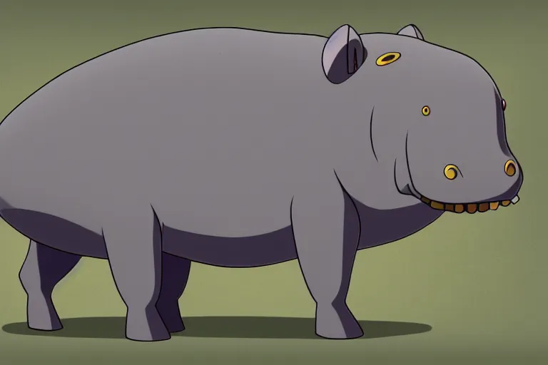 Prompt: a study of a cell shaded cartoon of a grey robot hippo from howl's moving castle ( 2 0 0 4 ), in an african river, full body, wide shot, very muted colors, post grunge, studio ghibli, highly detailed, deviantart, art by artgem