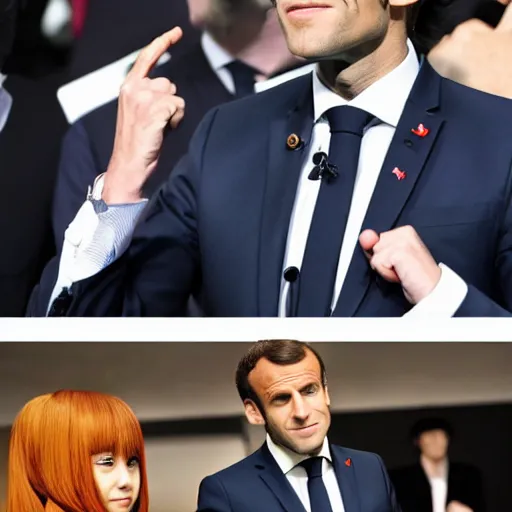 Prompt: Emmanuel Macron doing a Jojo Pose, anime series style, Jojo\'s Bizarre Adventure style