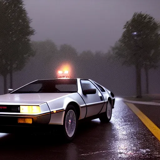 Image similar to hyperdetailed, photorealistic photograph of a dmc 1 2 delorean driving in the streets, rain, night, dense fog, hd, unreal engine 5 by greg rutowski, by stanley artgerm, by alphonse mucha