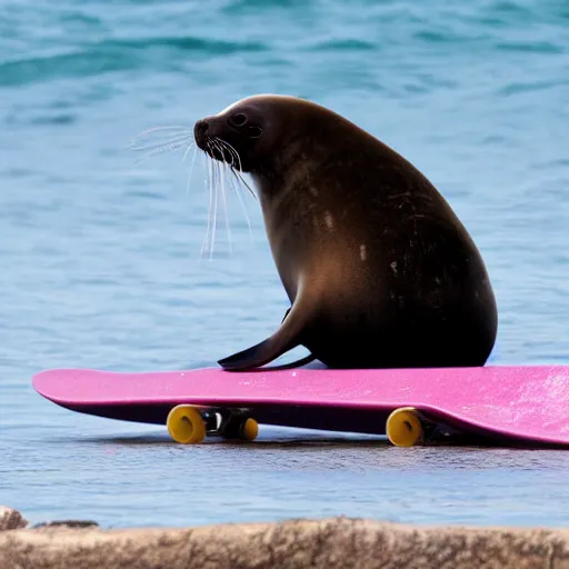 Image similar to a seal riding a skateboard